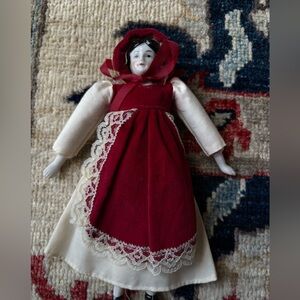 Vintage Porcelain Doll Ornament in Burgundy Velvet Dress